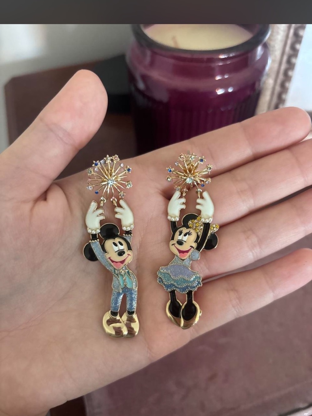 Enamel Mickey & Minnie Drop Earrings - Blue and Gold